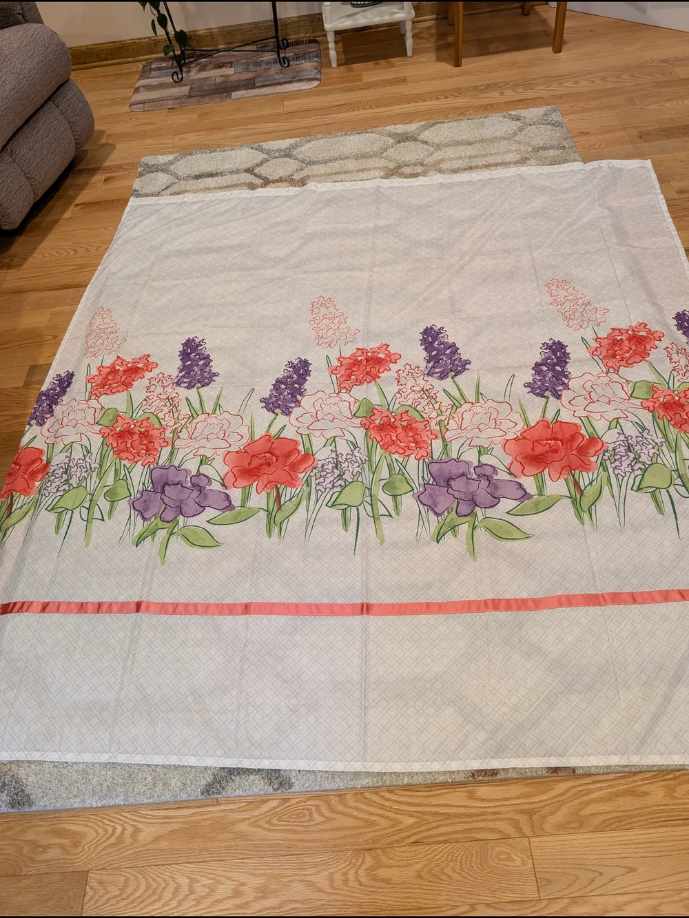 Floral Garden Printed Shower Curtain  White with Coral & Purple Flowers